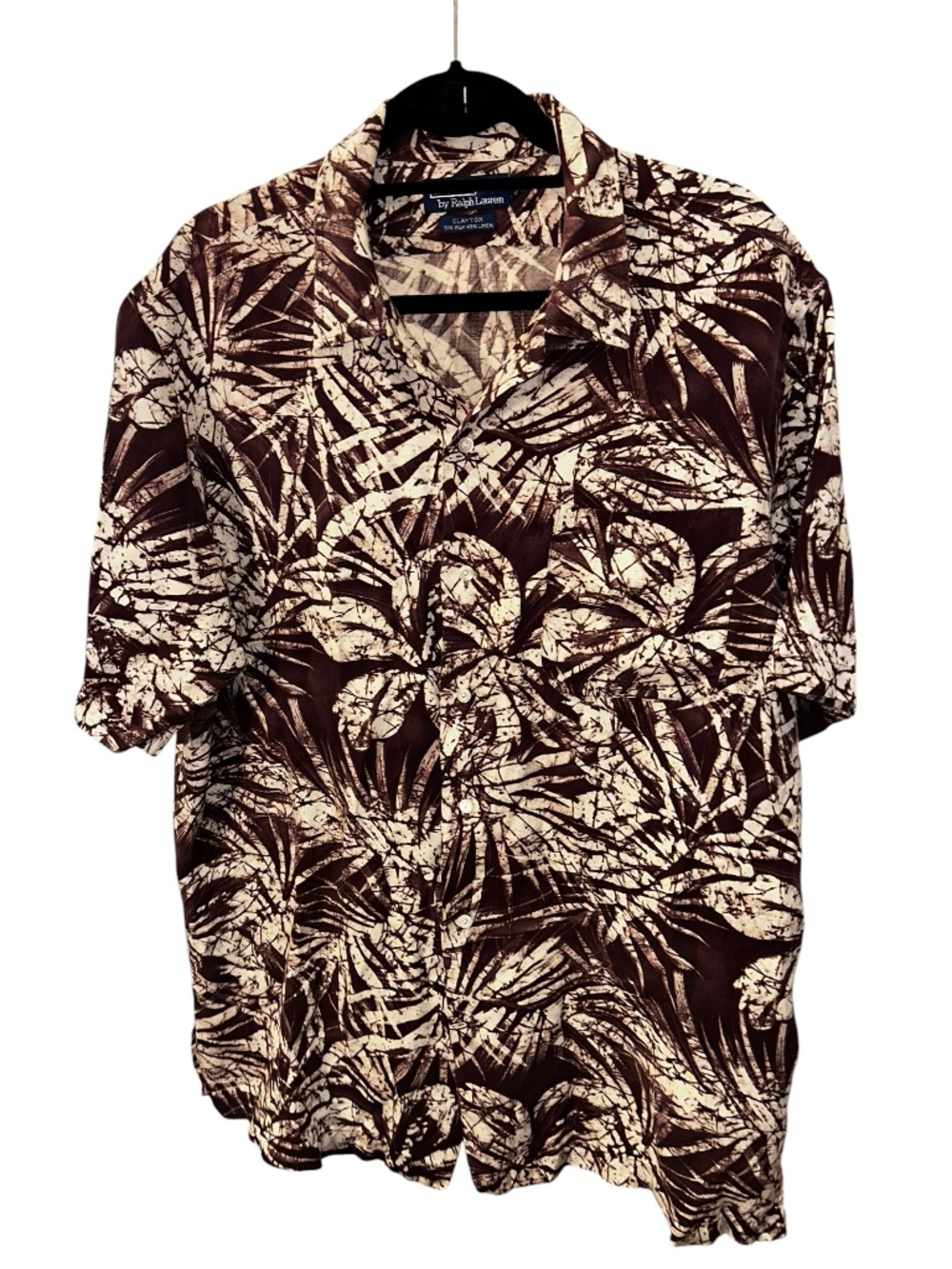 Polo Ralph Lauren brown batik silk linen Clayton button down short sleeve shirt